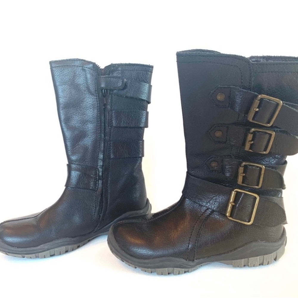 Kids Black Leather Mid-Calf Boots with Buckles